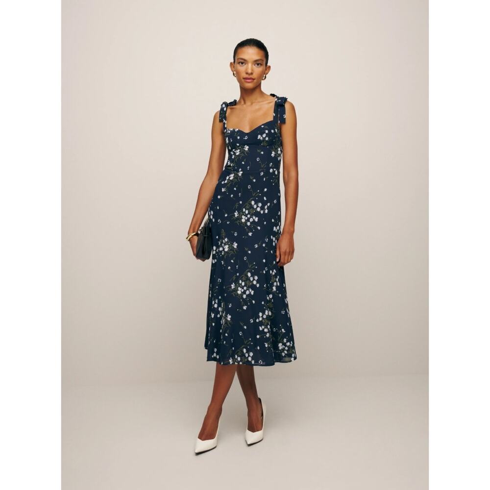 REFORMATION Nadira Dress Chopine Blue & White Floral Sweetheart Neck Straps 12